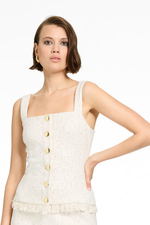 BEAU SLEEVELESS BUTTON-FRONT TOP WITH FRINGE - Toccin
