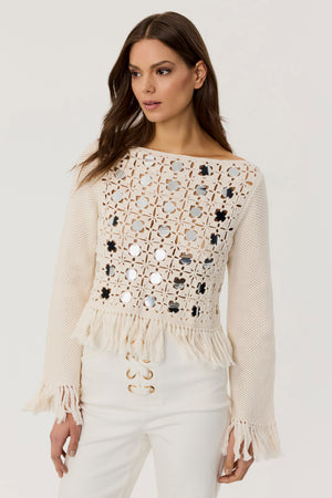 Camila Crochet Mirror Long Sleeve Fringe Top