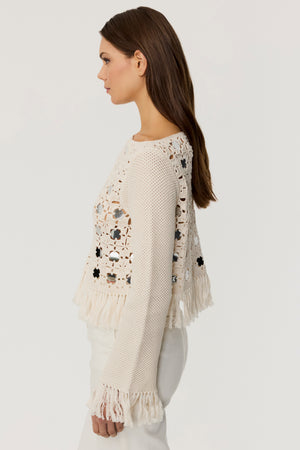 Camila Crochet Mirror Long Sleeve Fringe Top