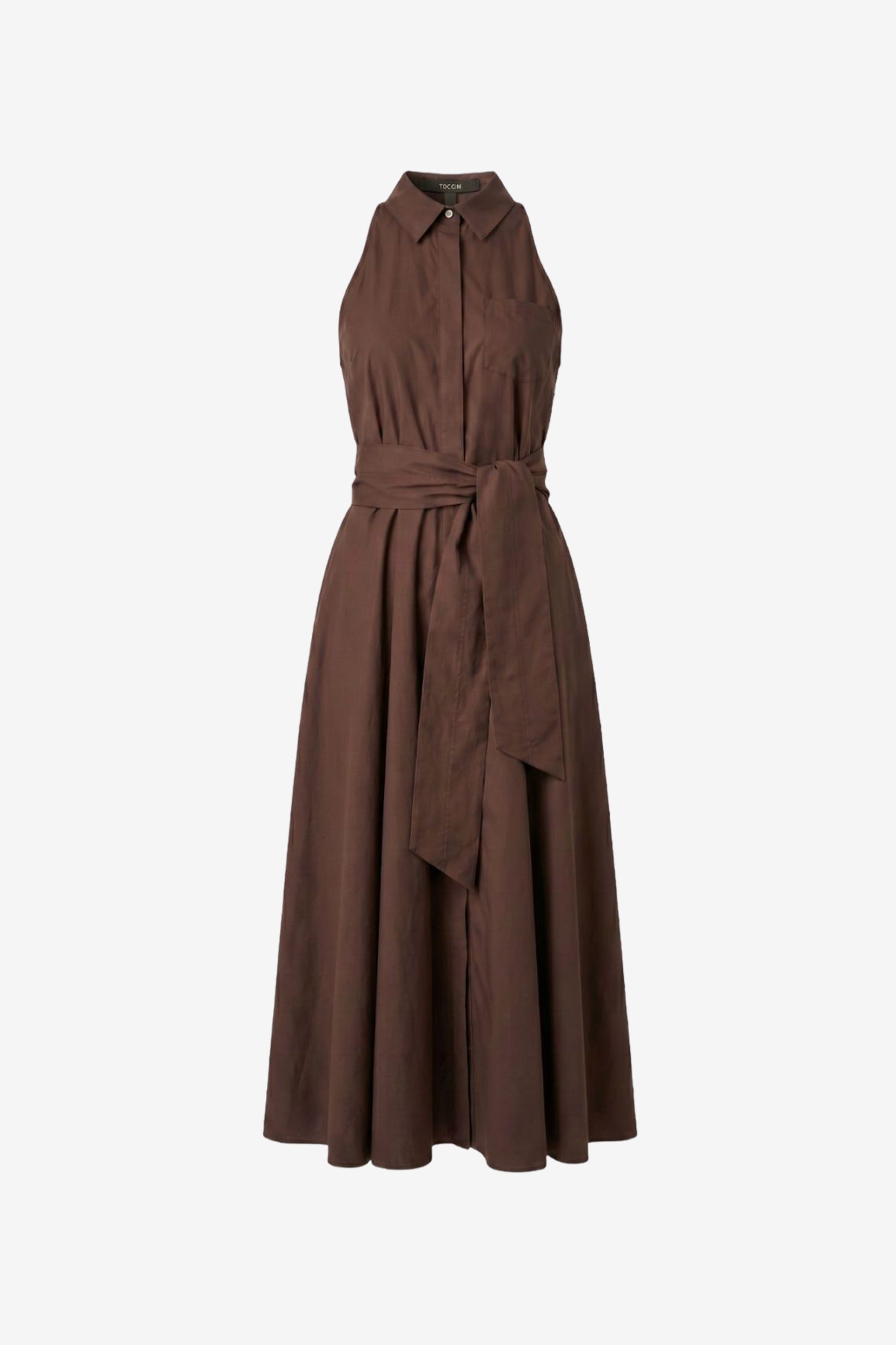 TOCCIN Women's Midi Sleeveless Tie-Front Shirt Dress, Espresso Brown, Size XS