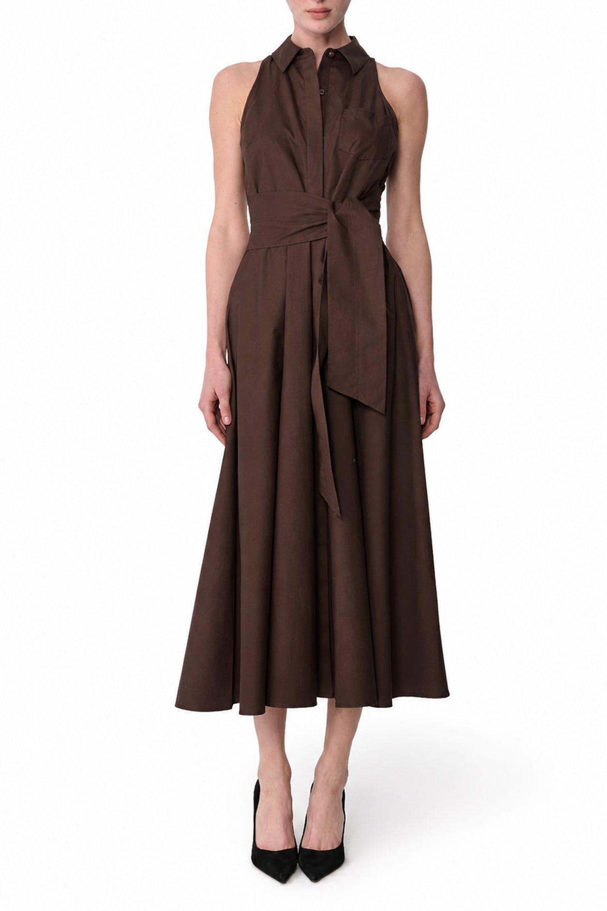 CHELSEA SLEEVELESS TIE-FRONT MIDI SHIRT DRESS