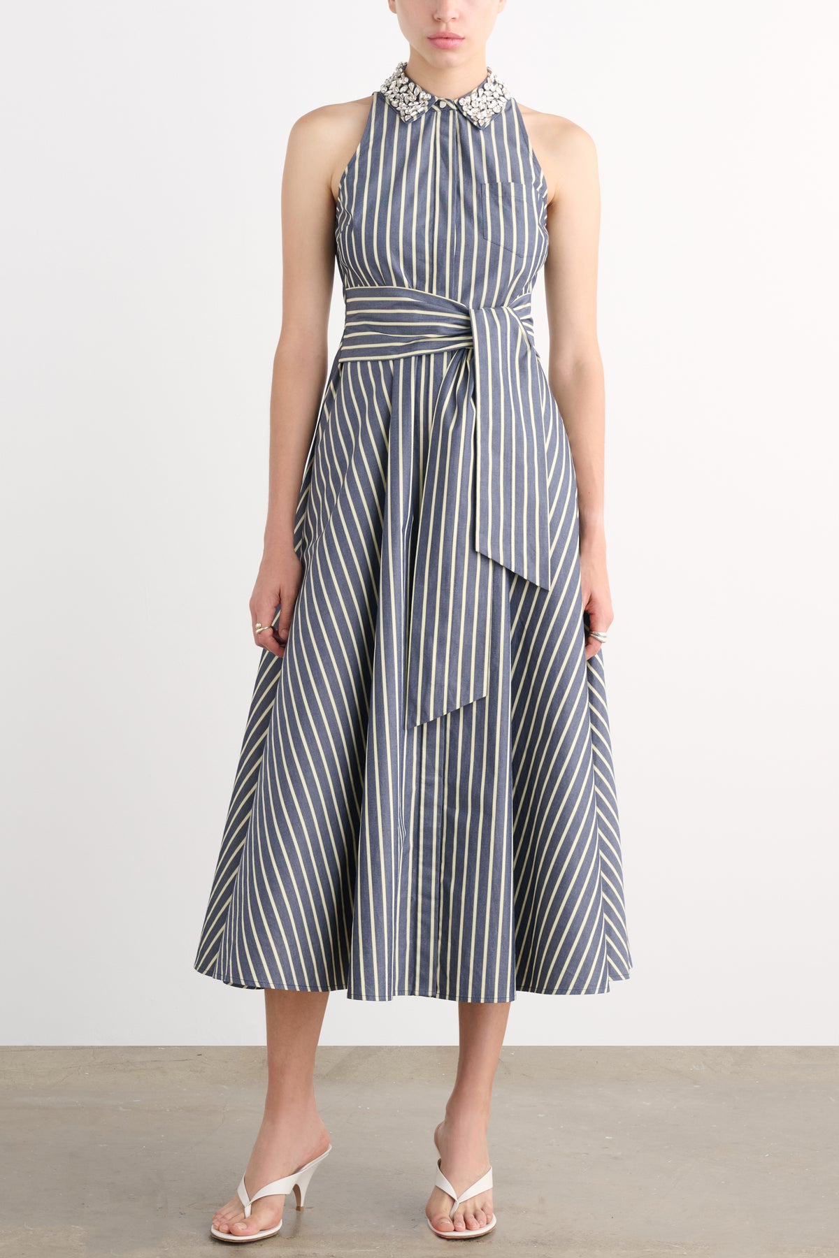CHELSEA SLEEVELESS TIE-FRONT MIDI SHIRT DRESS WITH EMBELLISHMENT