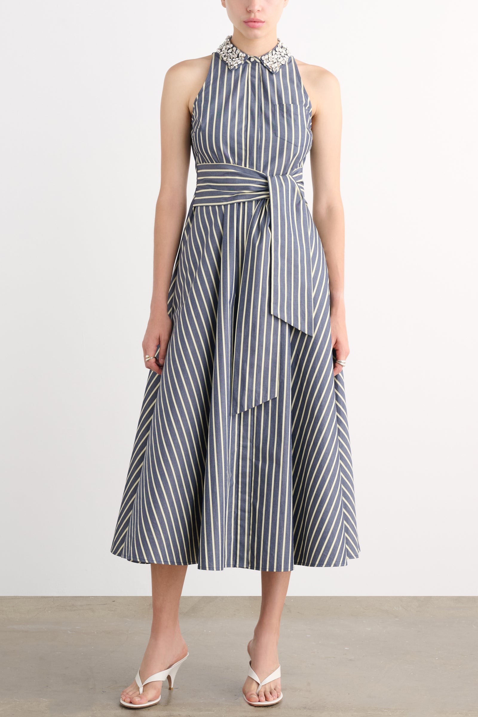 CHELSEA SLEEVELESS TIE-FRONT MIDI SHIRT DRESS WITH EMBELLISHMENT