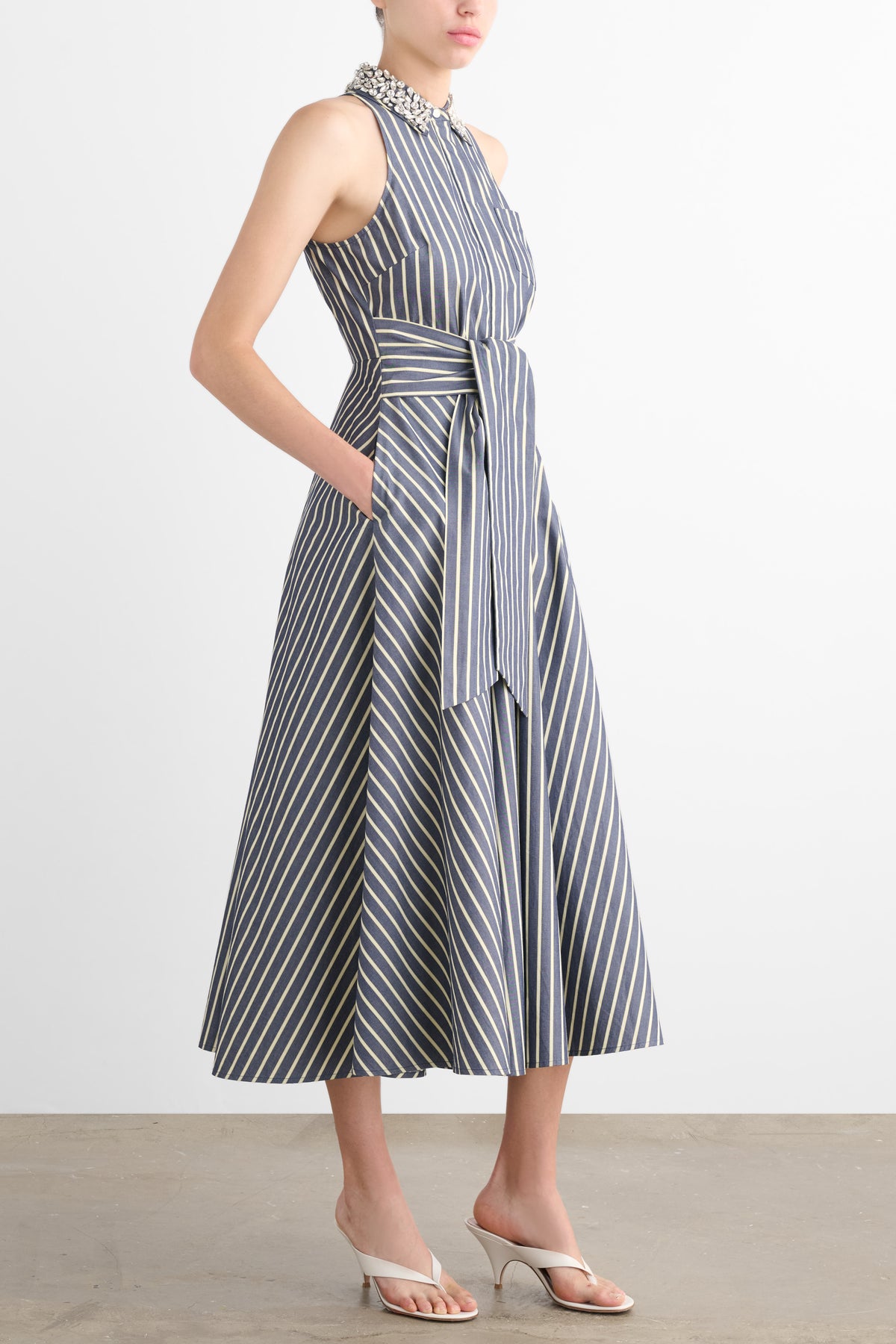 CHELSEA SLEEVELESS TIE-FRONT MIDI SHIRT DRESS WITH EMBELLISHMENT