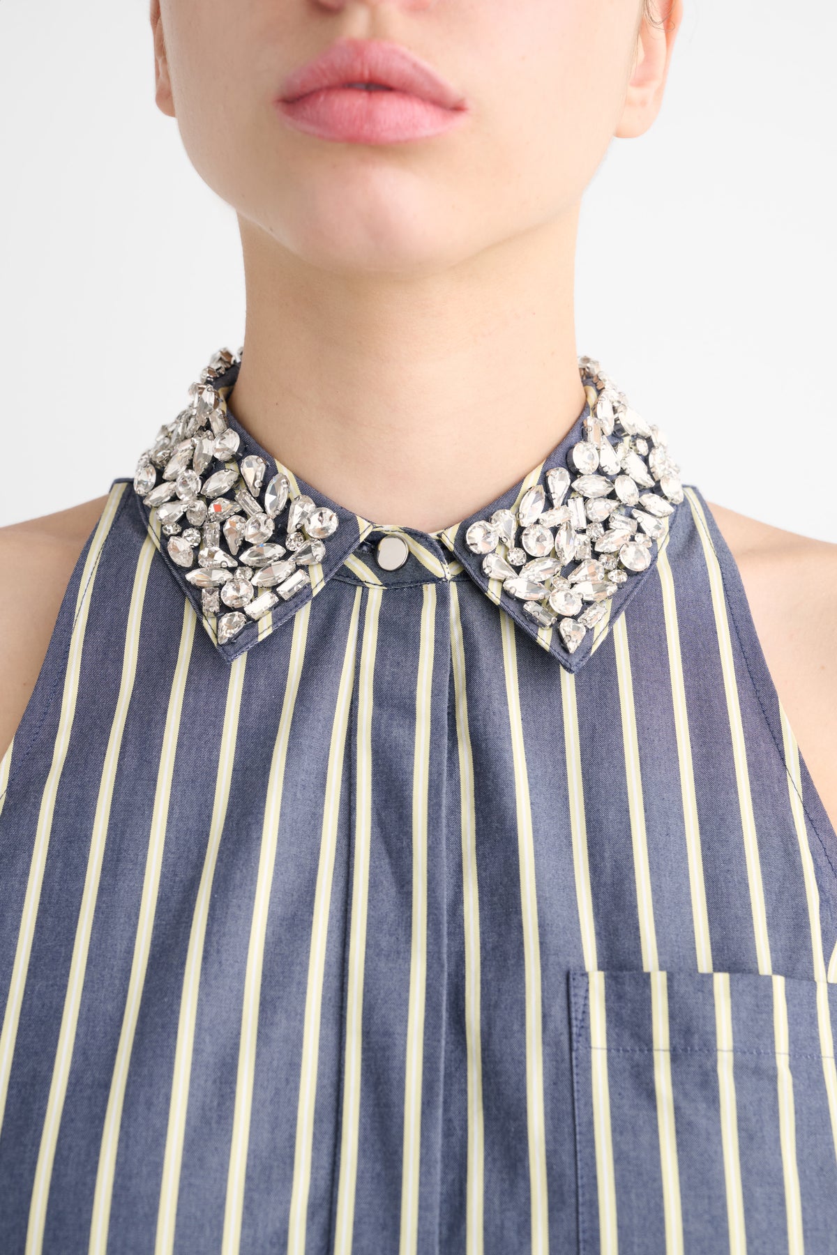 CHELSEA SLEEVELESS TIE-FRONT MIDI SHIRT DRESS WITH EMBELLISHMENT