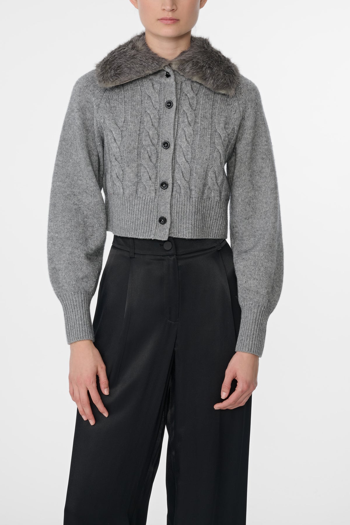 RITA CABLE KNIT CARDIGAN WITH FUR COLLAR