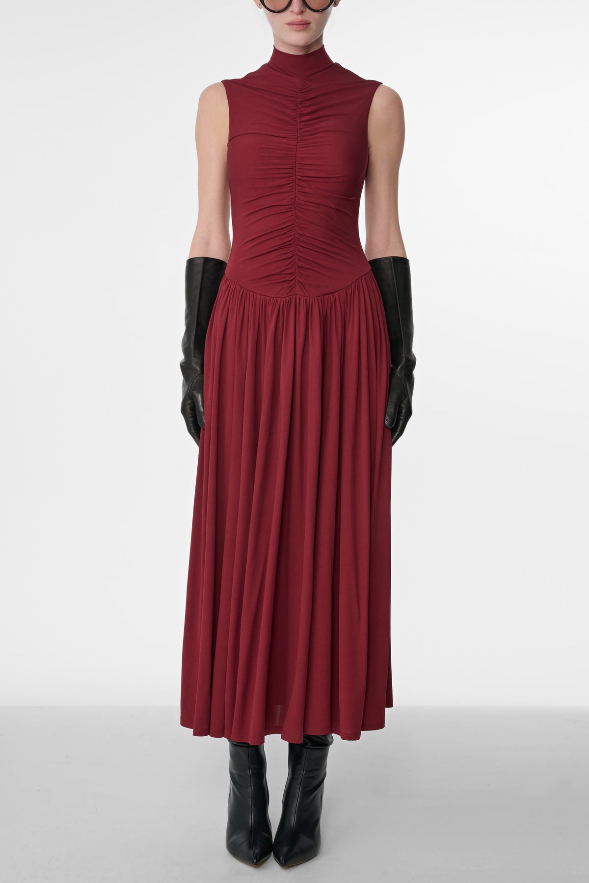 FARIA MOCK NECK RUCHED MIDI DRESS