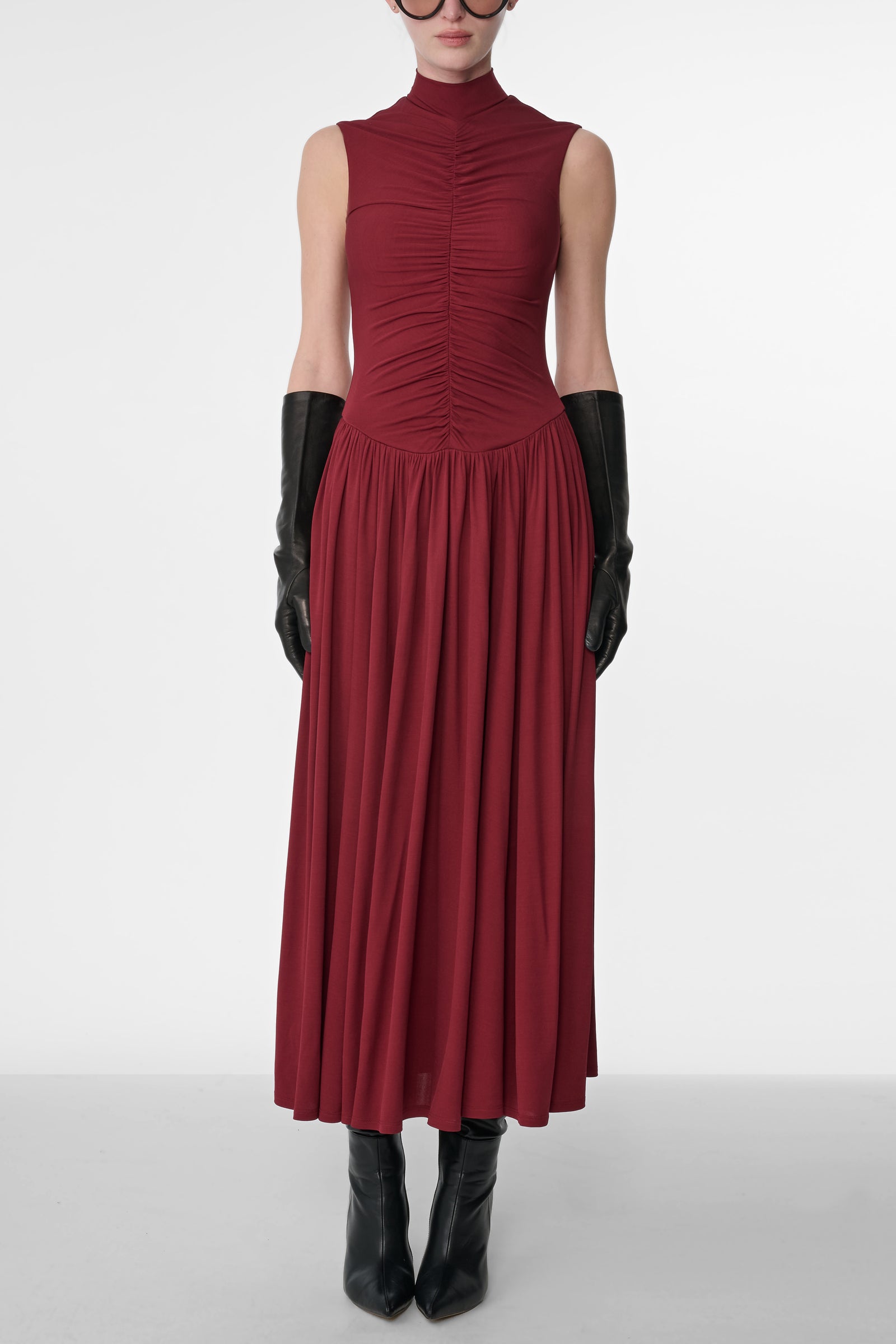 FARIA MOCK NECK RUCHED MIDI DRESS