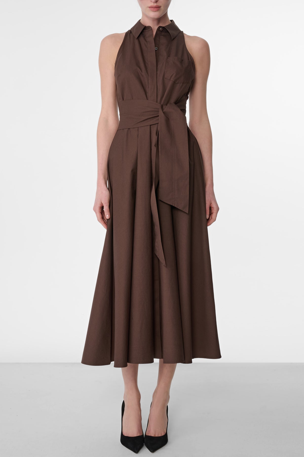CHELSEA SLEEVELESS TIE-FRONT MIDI SHIRT DRESS