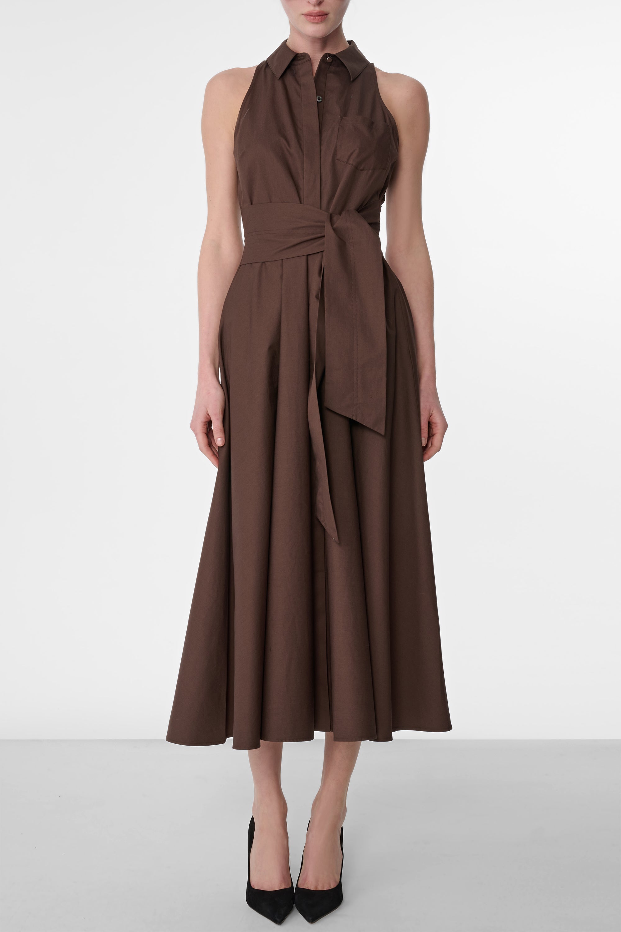 TOCCIN Women's Midi Sleeveless Tie-Front Shirt Dress, Espresso Brown, Size XS
