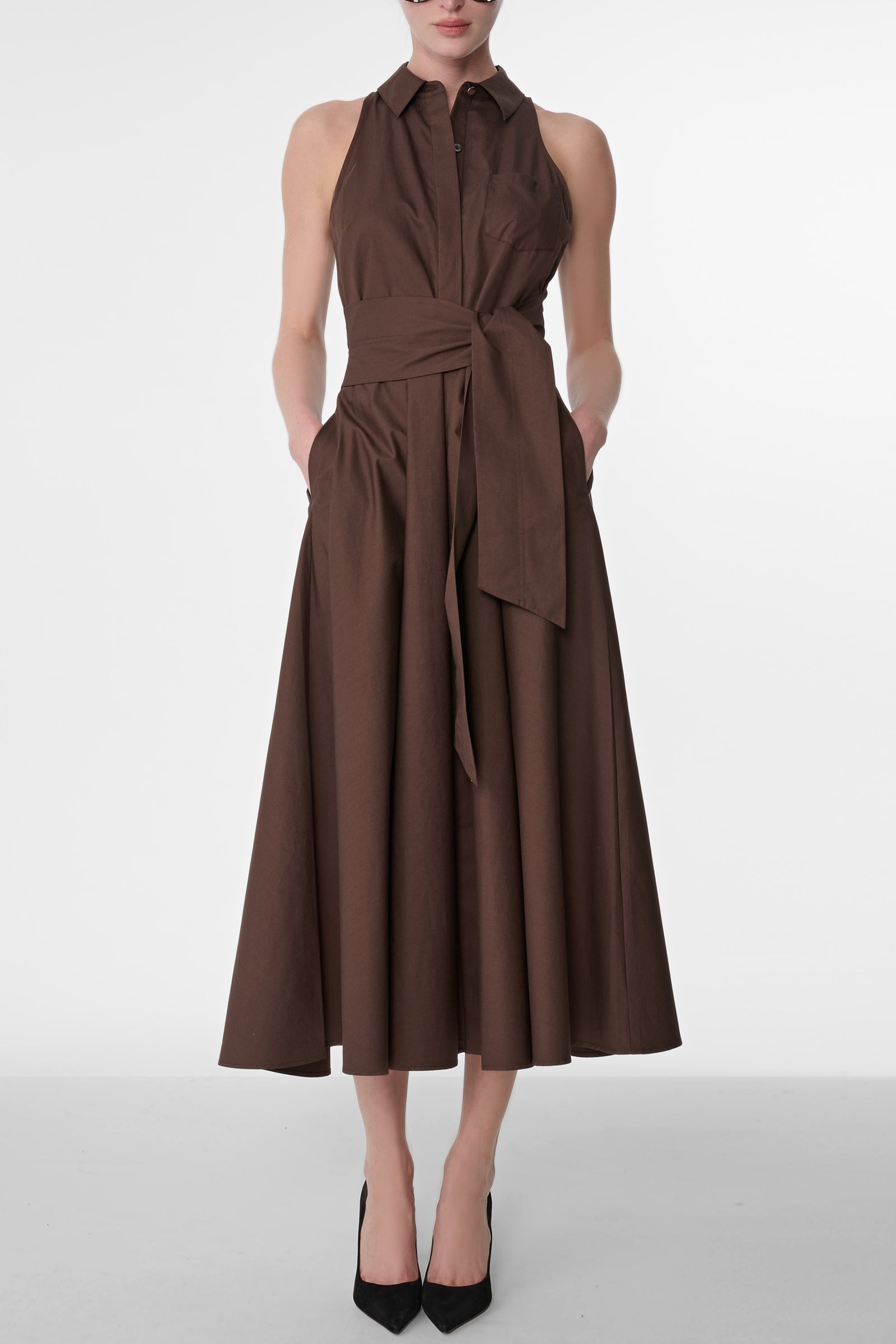 CHELSEA SLEEVELESS TIE-FRONT MIDI SHIRT DRESS