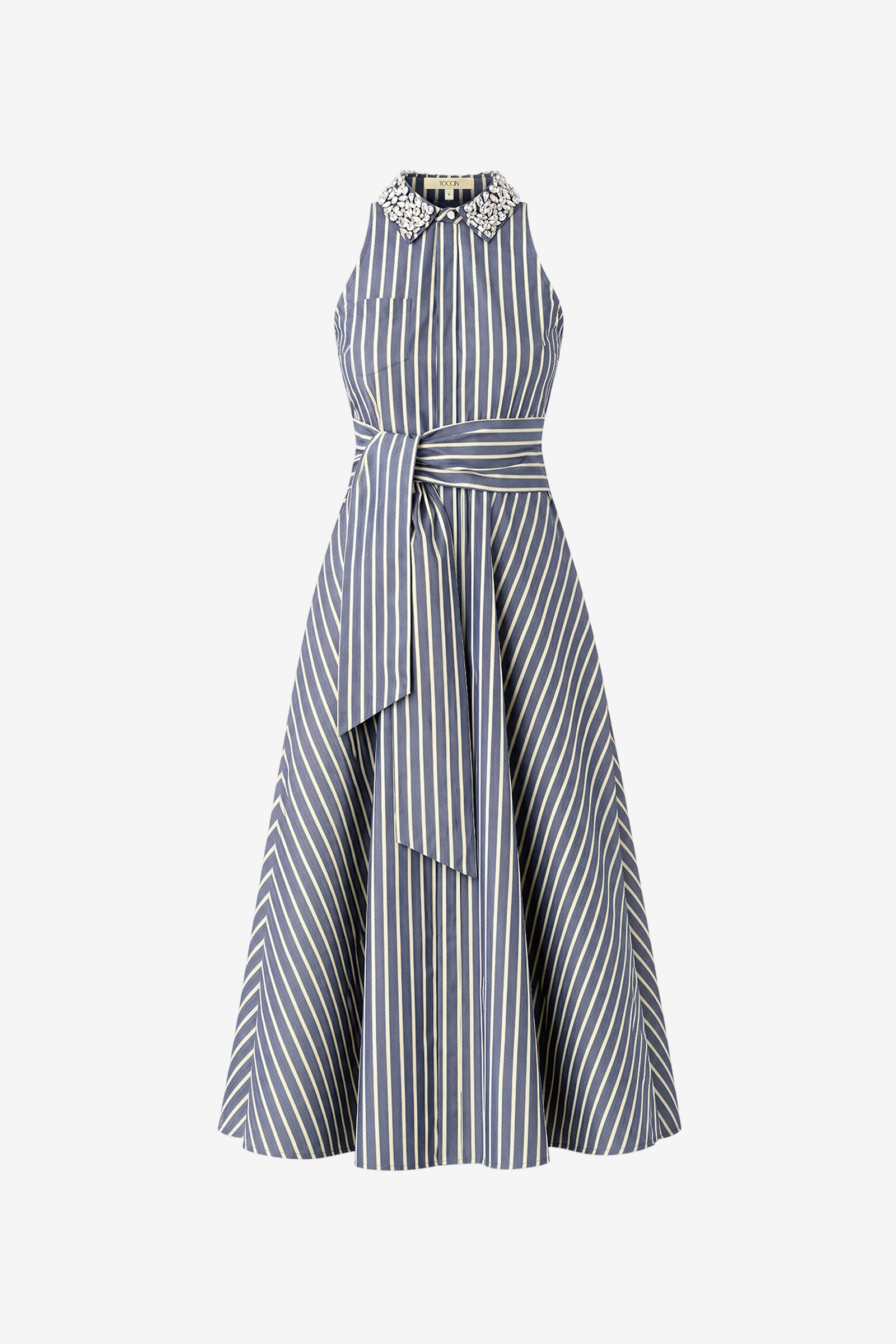 CHELSEA SLEEVELESS TIE-FRONT MIDI SHIRT DRESS WITH EMBELLISHMENT