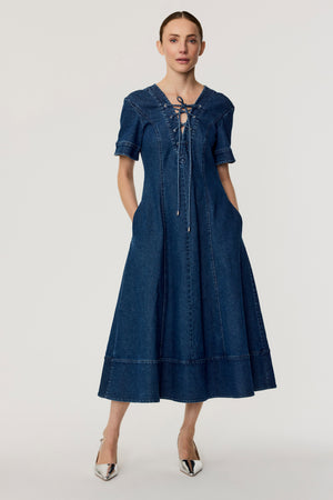 Dahlia Lace Up Denim Midi Dress