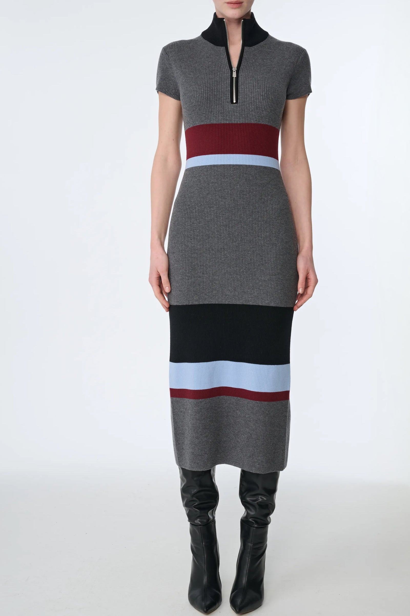 DASHA CAP SLEEVE MOCK NECK HALF ZIP MIDI DRESS