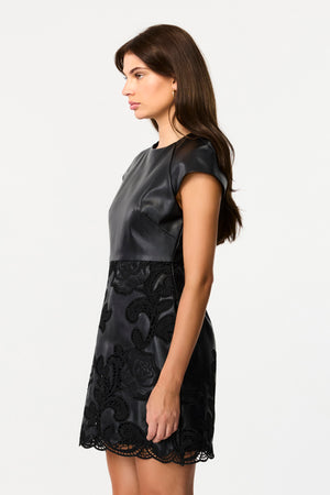 Demi Crew Neck Vegan Leather Lace Dress - Toccin