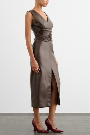 FABIANA V-NECK RUCHED MIDI DRESS