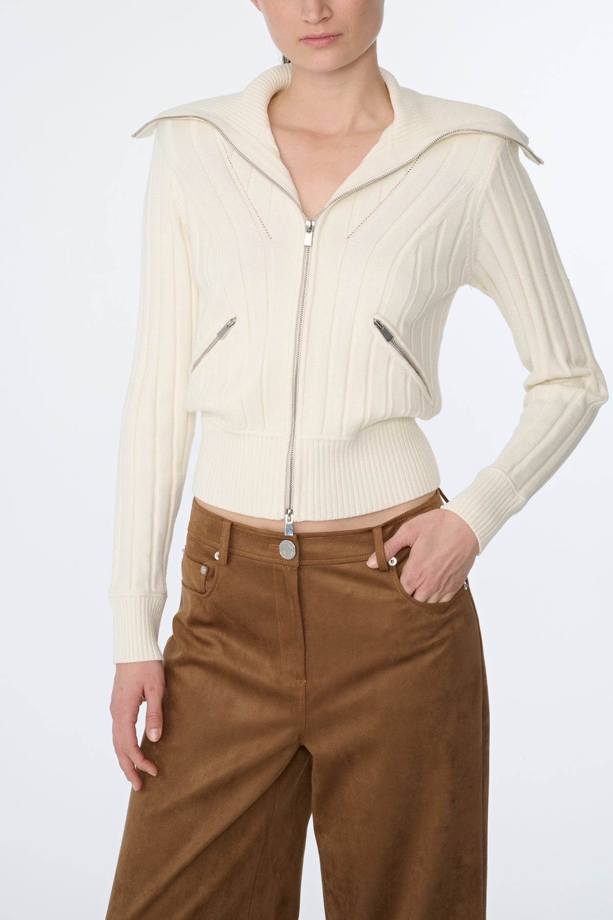 HOLLY STRONG SHOULDER ZIP FRONT SWEATER