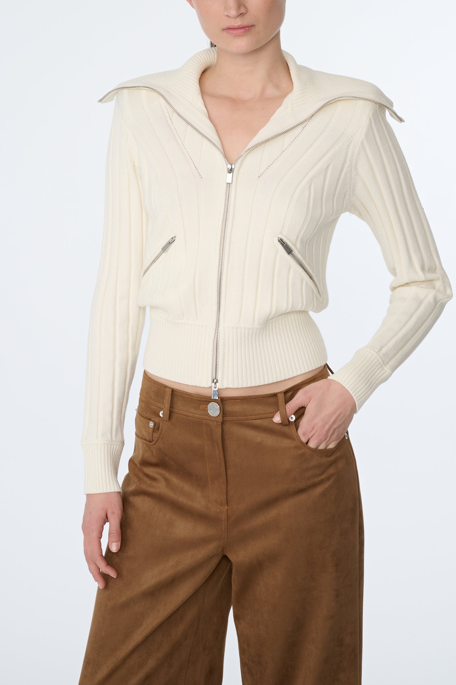 HOLLY STRONG SHOULDER ZIP FRONT SWEATER