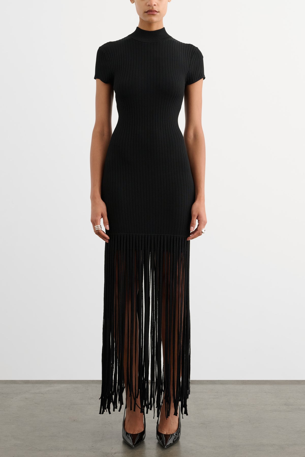 JADA MOCK NECK CAP SLEEVE MINI DRESS WITH FRINGE
