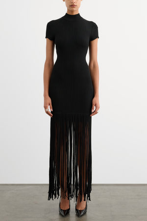 JADA MOCK NECK CAP SLEEVE MINI DRESS WITH FRINGE
