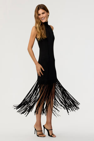 Leslie Seamed Mock Neck Bodycon Fringe Dress