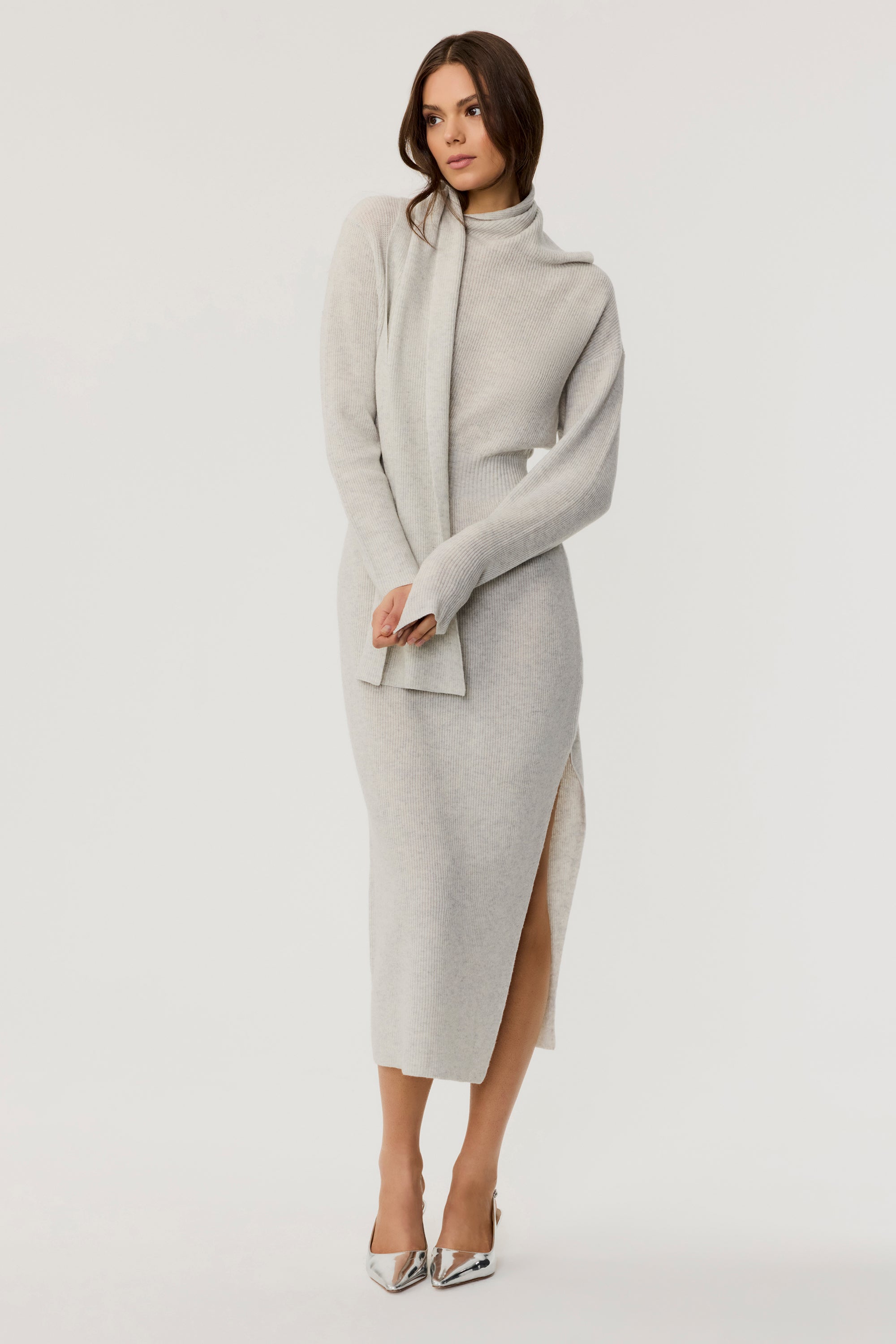 Liliana Cashmere Midi Sweater Dress with Built-In Scarf