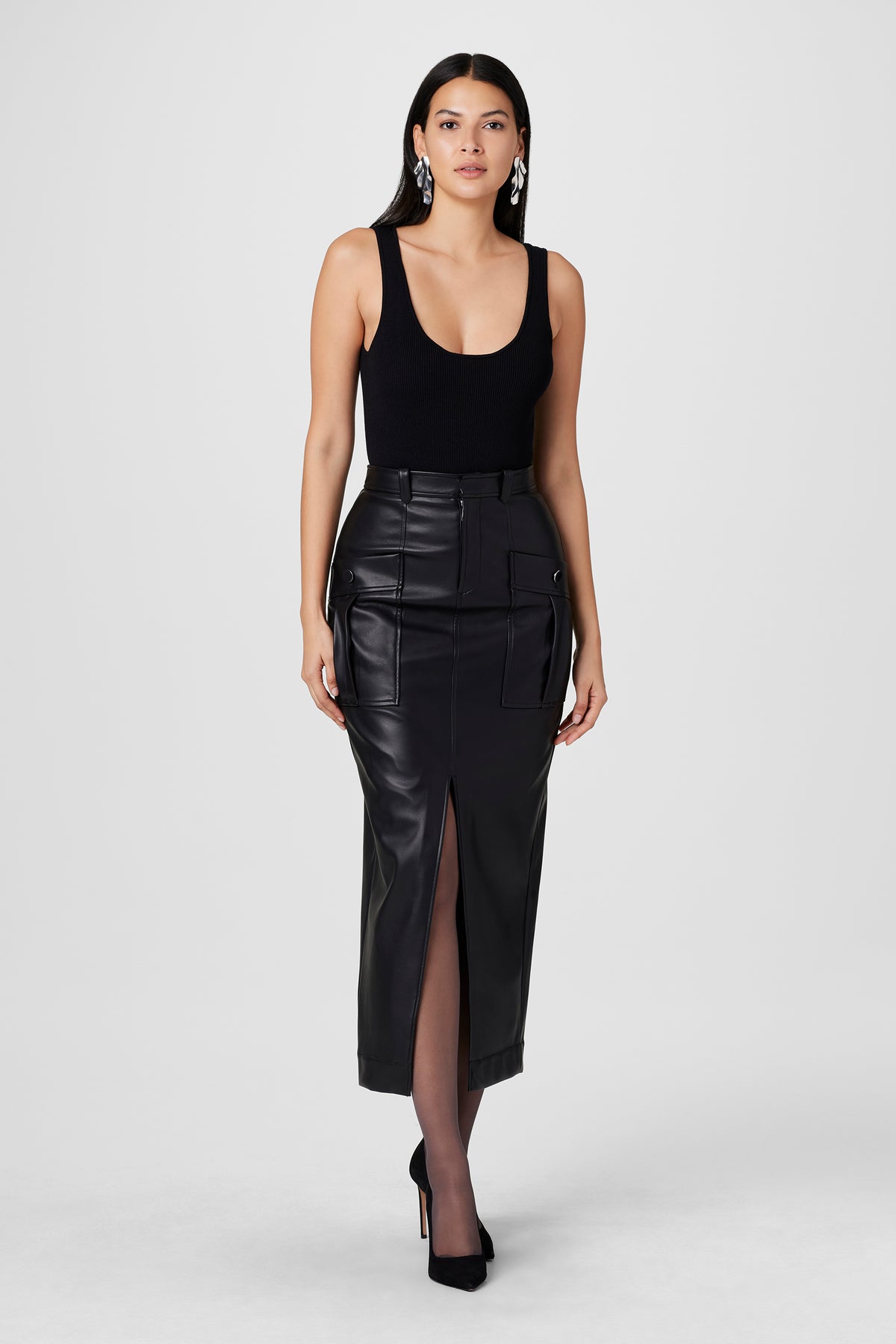 Fallon Vegan Leather Cargo Midi Skirt - Toccin