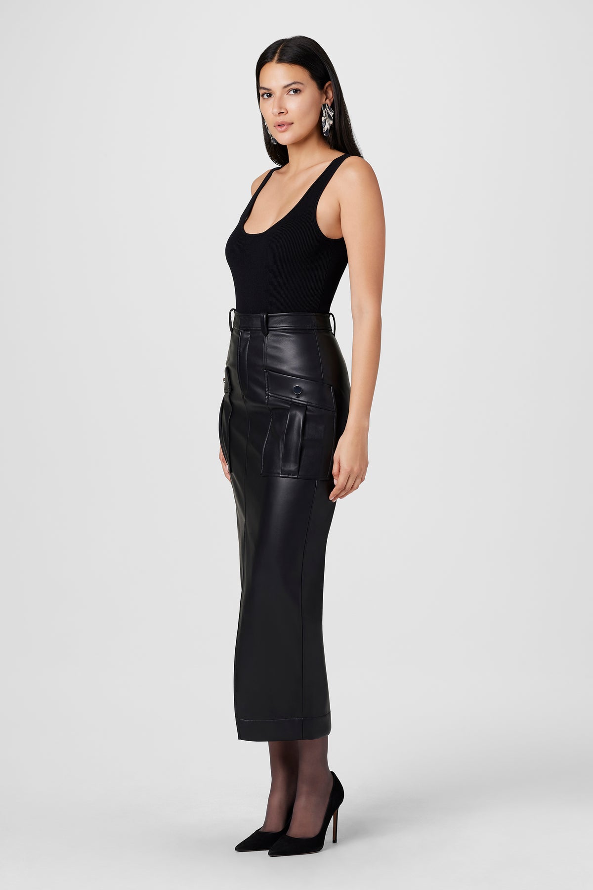 Fallon Vegan Leather Cargo Midi Skirt - Toccin