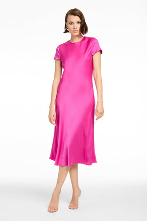 LUCIANA SHORT SLEEVE BIAS SILKY SATIN SLIP DRESS - Toccin