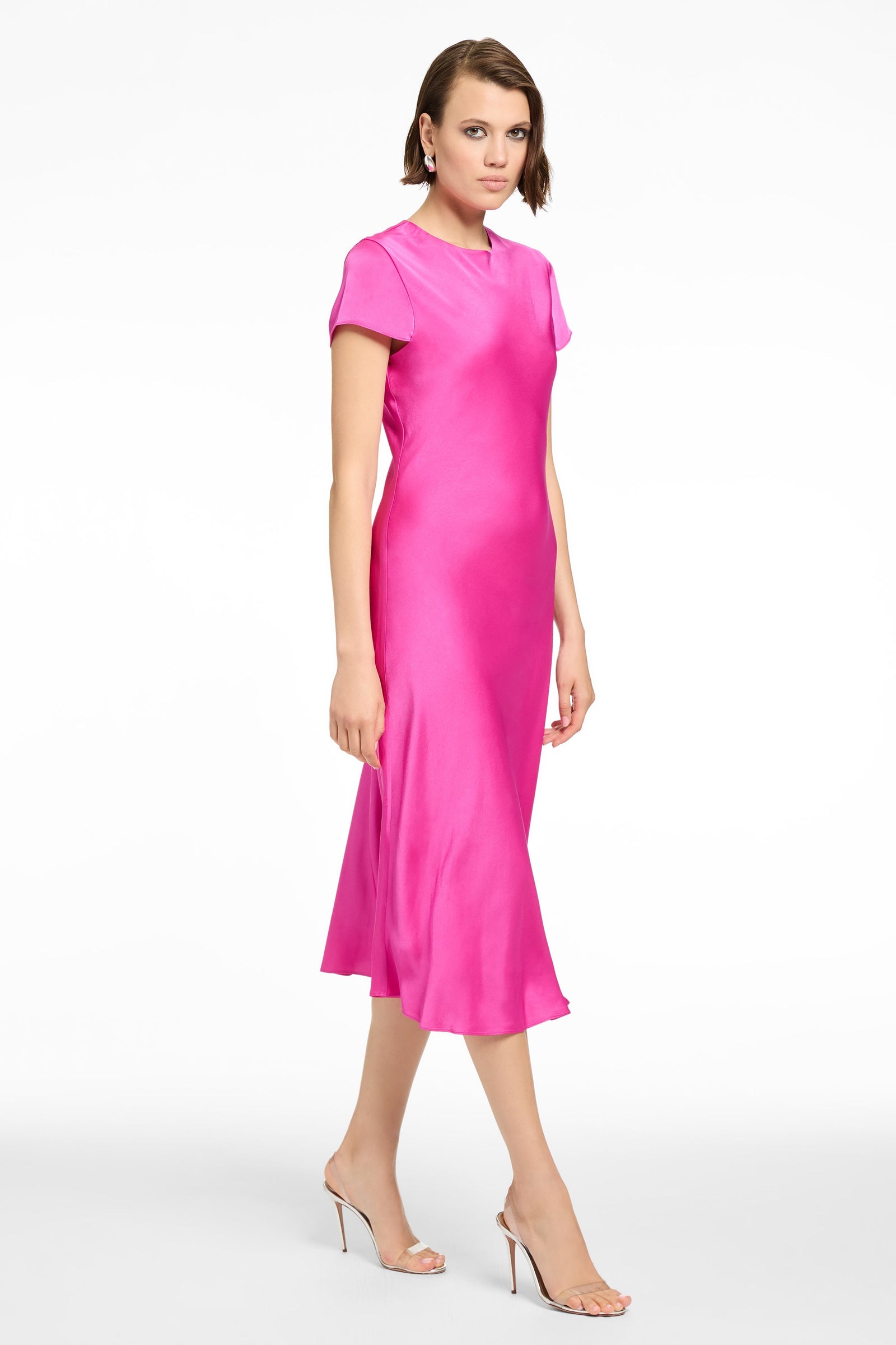 LUCIANA SHORT SLEEVE BIAS SILKY SATIN SLIP DRESS - Toccin