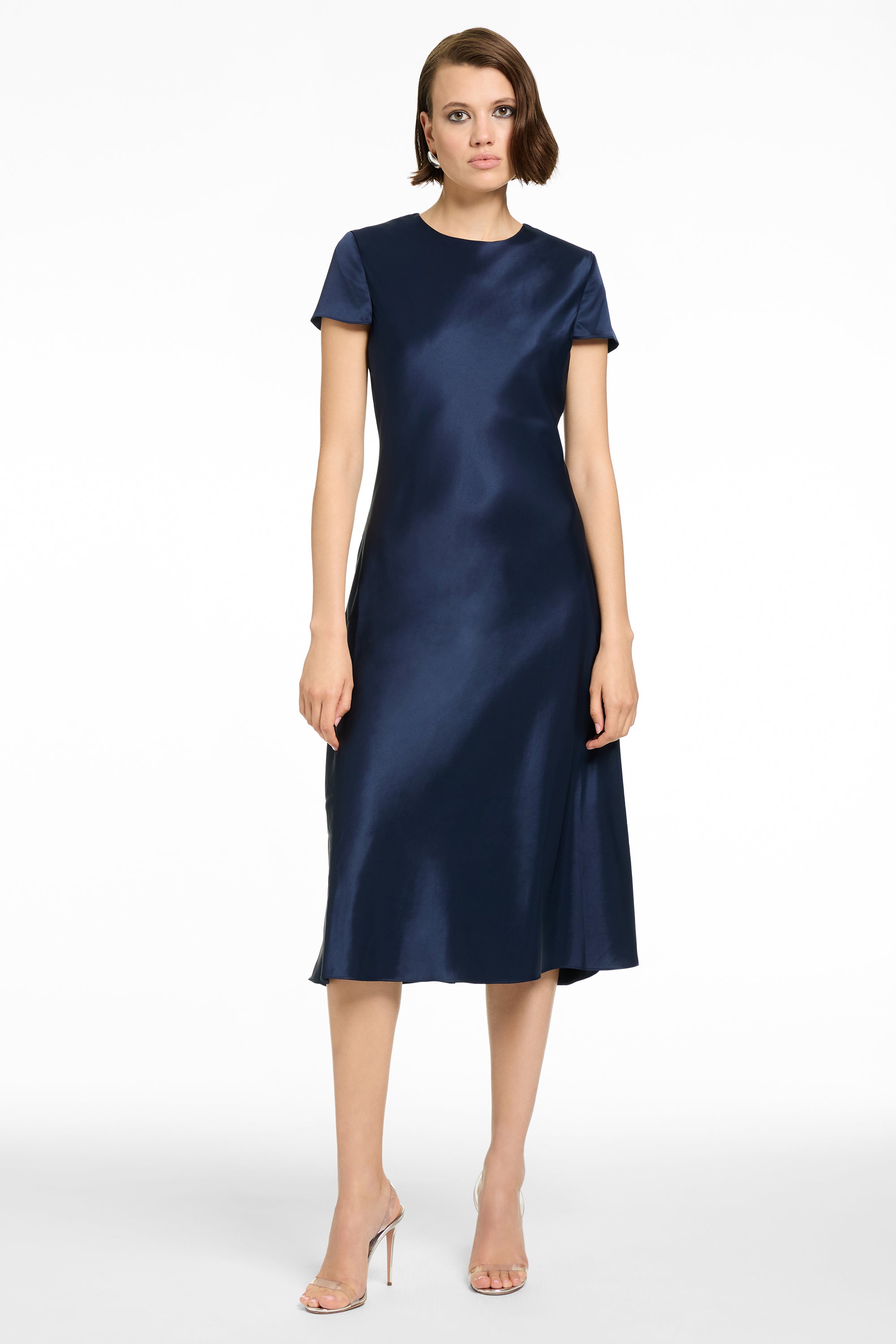 LUCIANA SHORT SLEEVE BIAS SILKY SATIN SLIP DRESS - Toccin