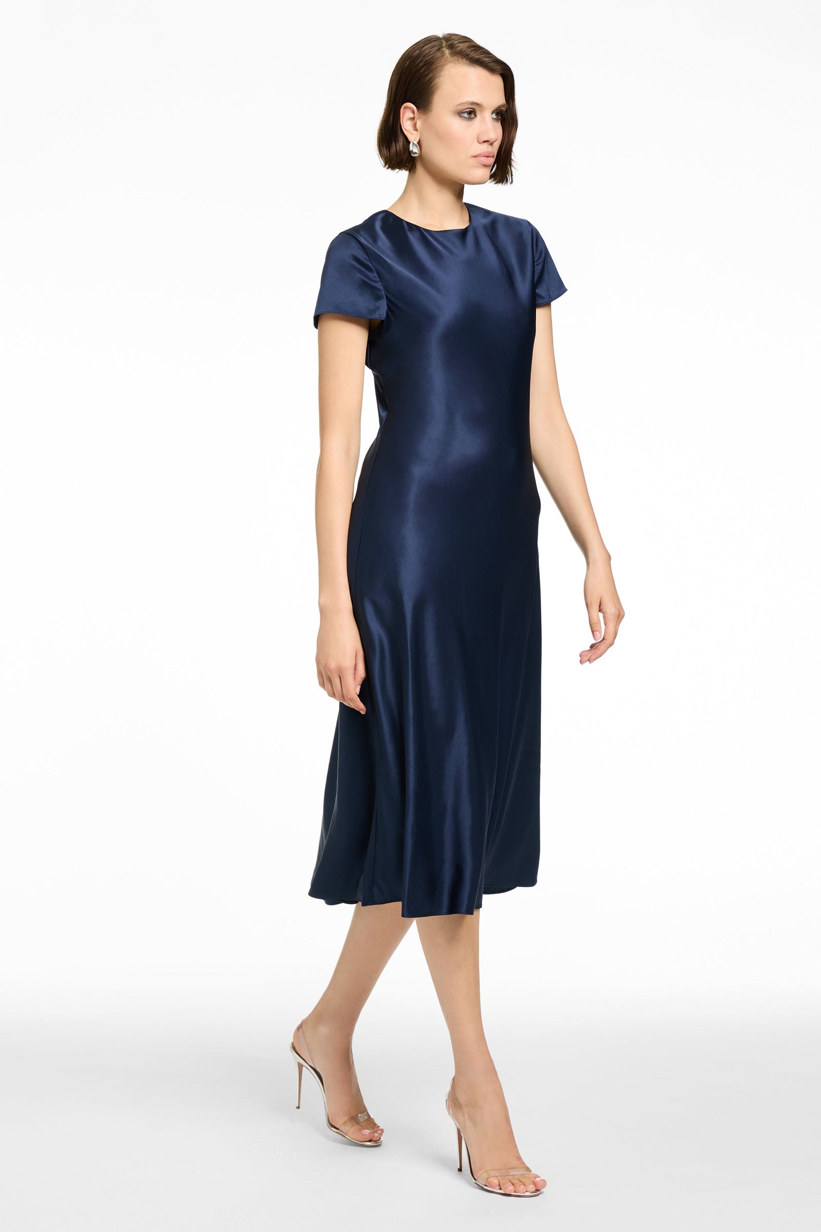 LUCIANA SHORT SLEEVE BIAS SILKY SATIN SLIP DRESS - Toccin