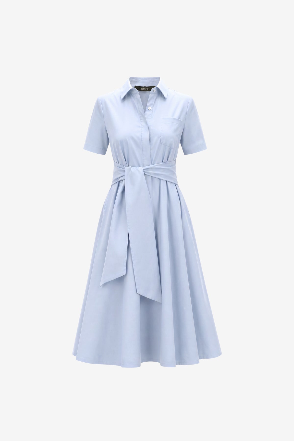 MEGAN SHORT SLEEVE TIE-FRONT MIDI SHIRT DRESS - Toccin