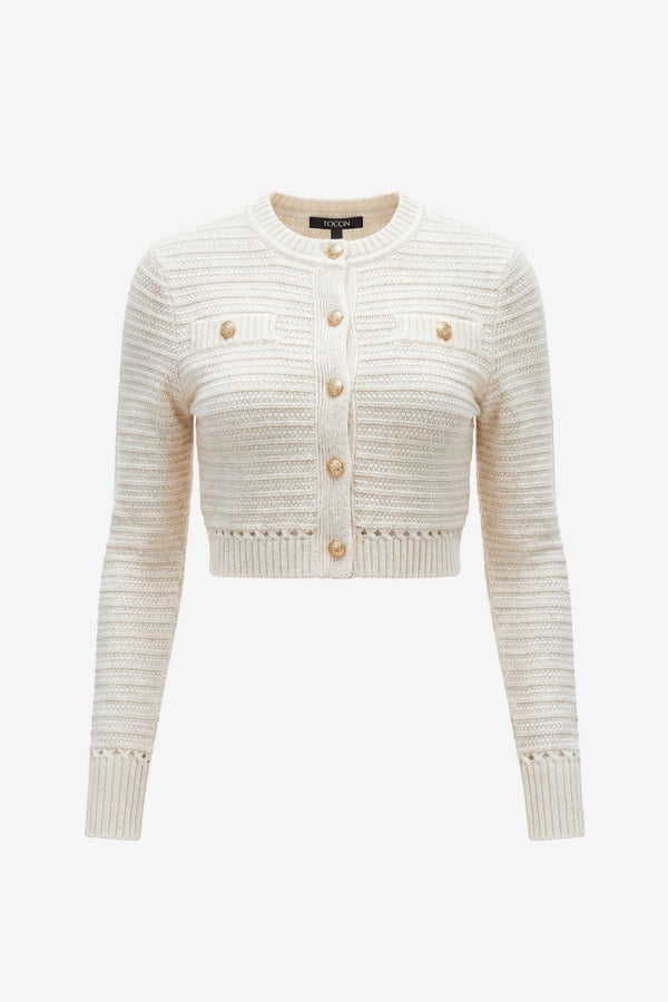 Miller Pointelle Cropped Cardigan – Button-Front Crew Neck Style