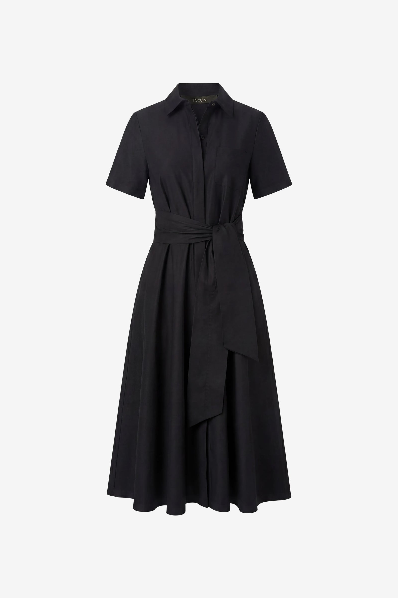 MEGAN SHORT SLEEVE TIE-FRONT MIDI SHIRT DRESS - Toccin