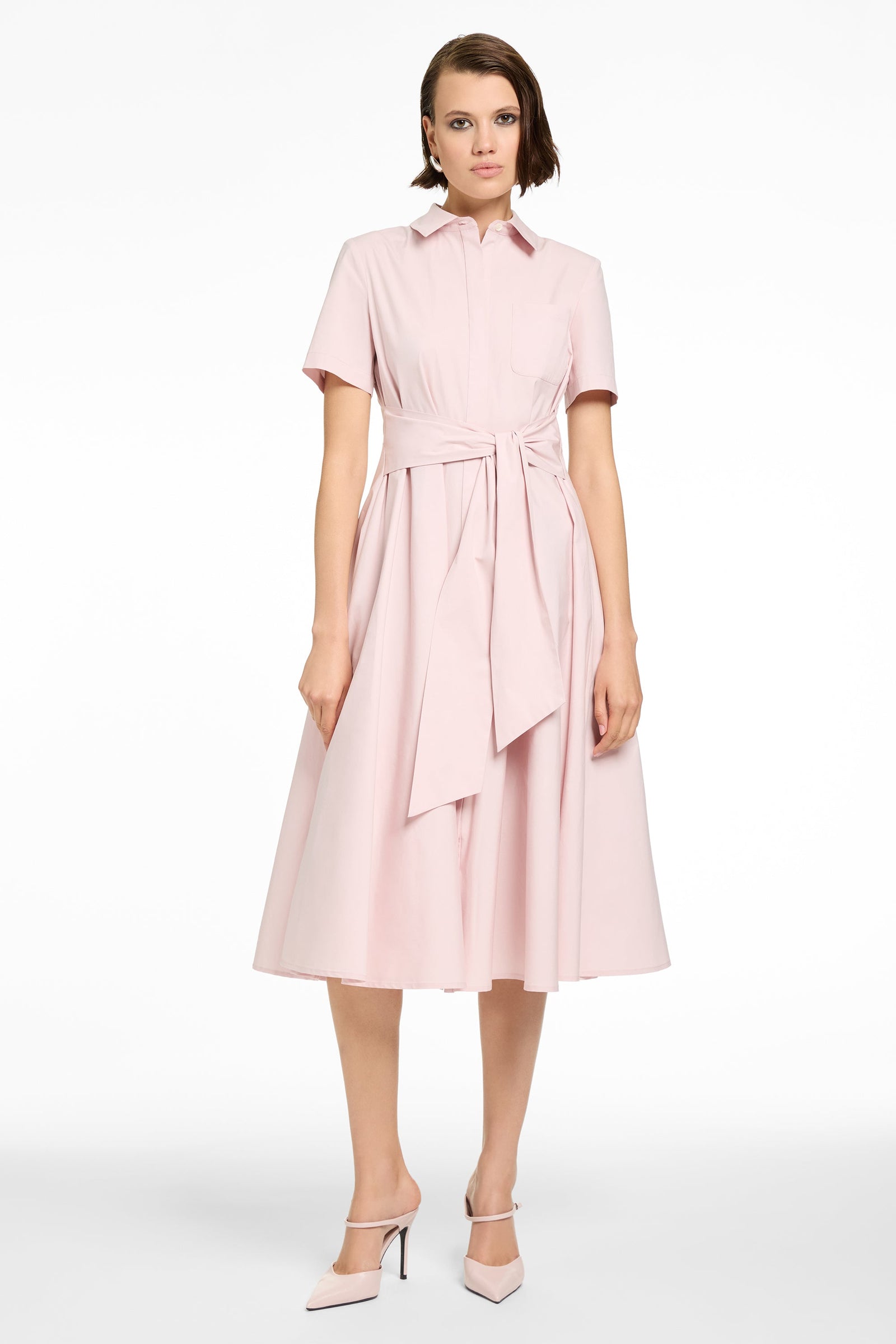 MEGAN SHORT SLEEVE TIE-FRONT MIDI SHIRT DRESS - Toccin