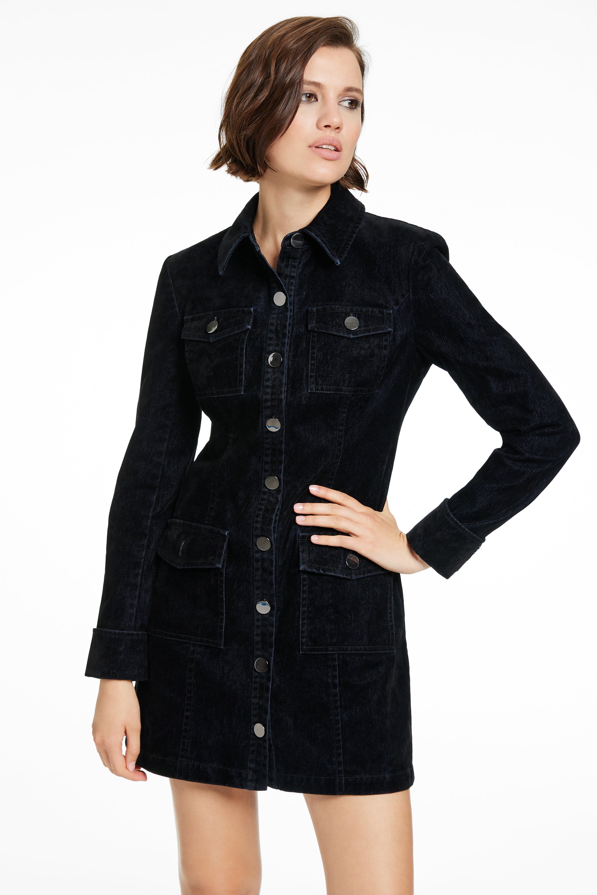 MERCER LONG SLEEVE COLLARED BUTTON-FRONT DRESS - Toccin