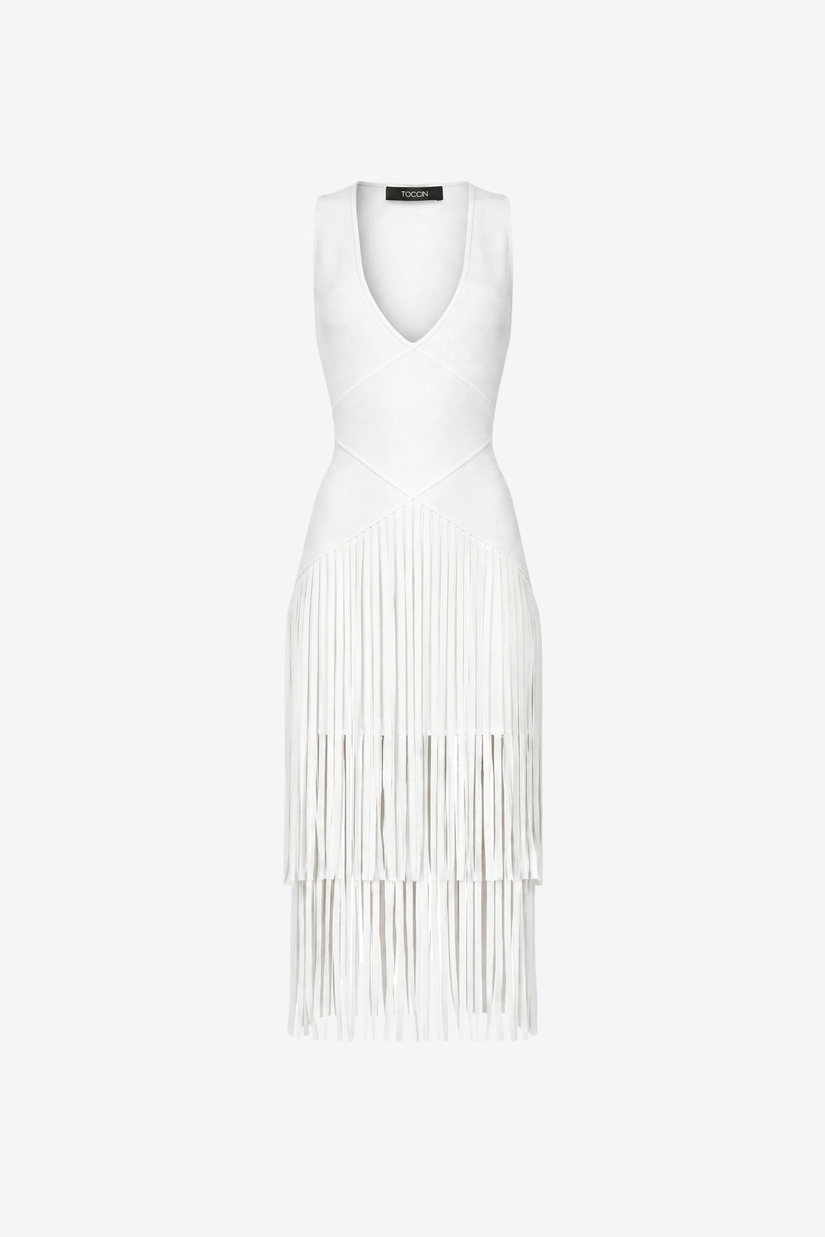 PATRICIA V-NECK SEAMED MIDI DRESS WITH FRINGE