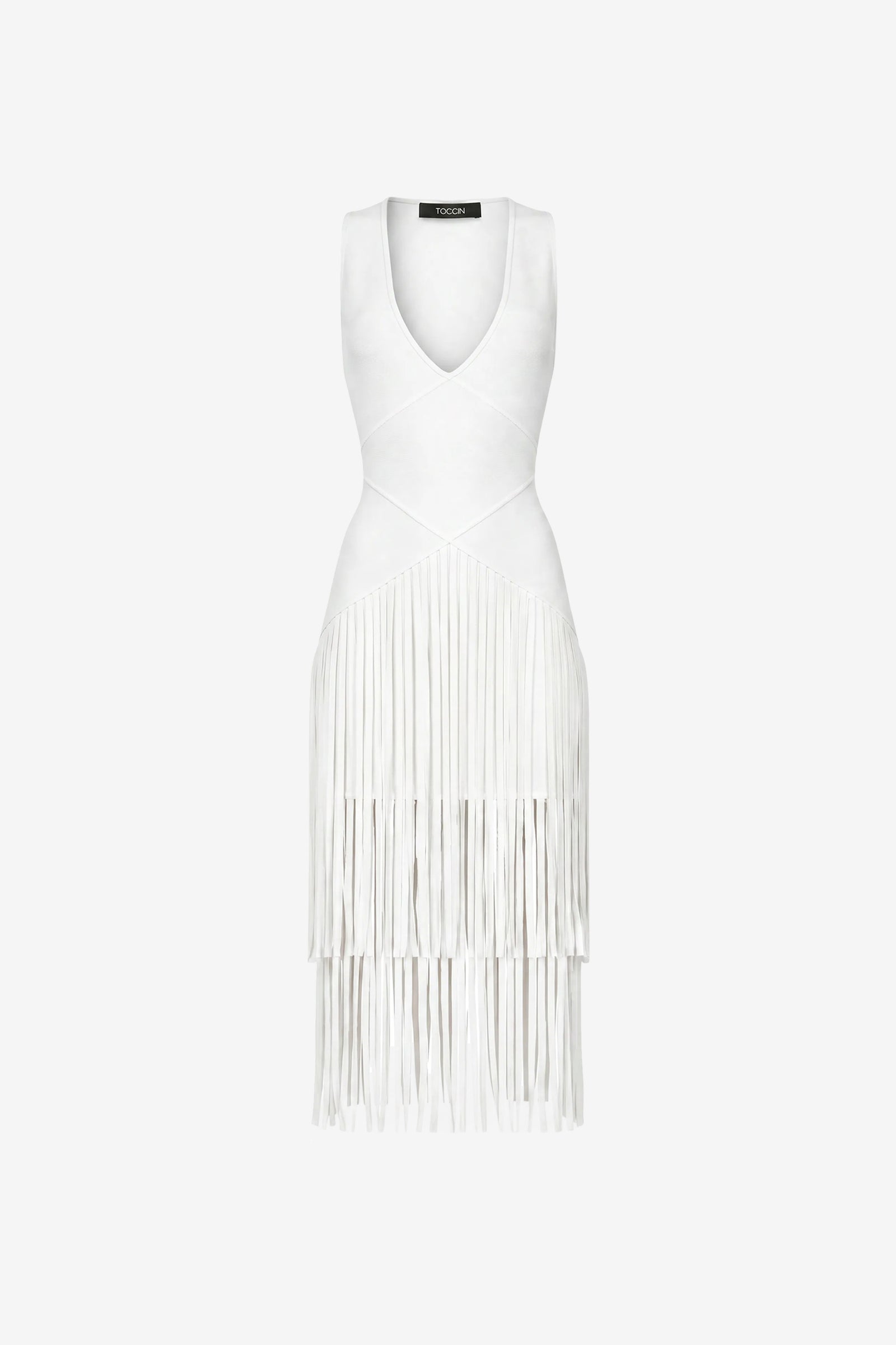 PATRICIA V-NECK SEAMED MIDI DRESS WITH FRINGE