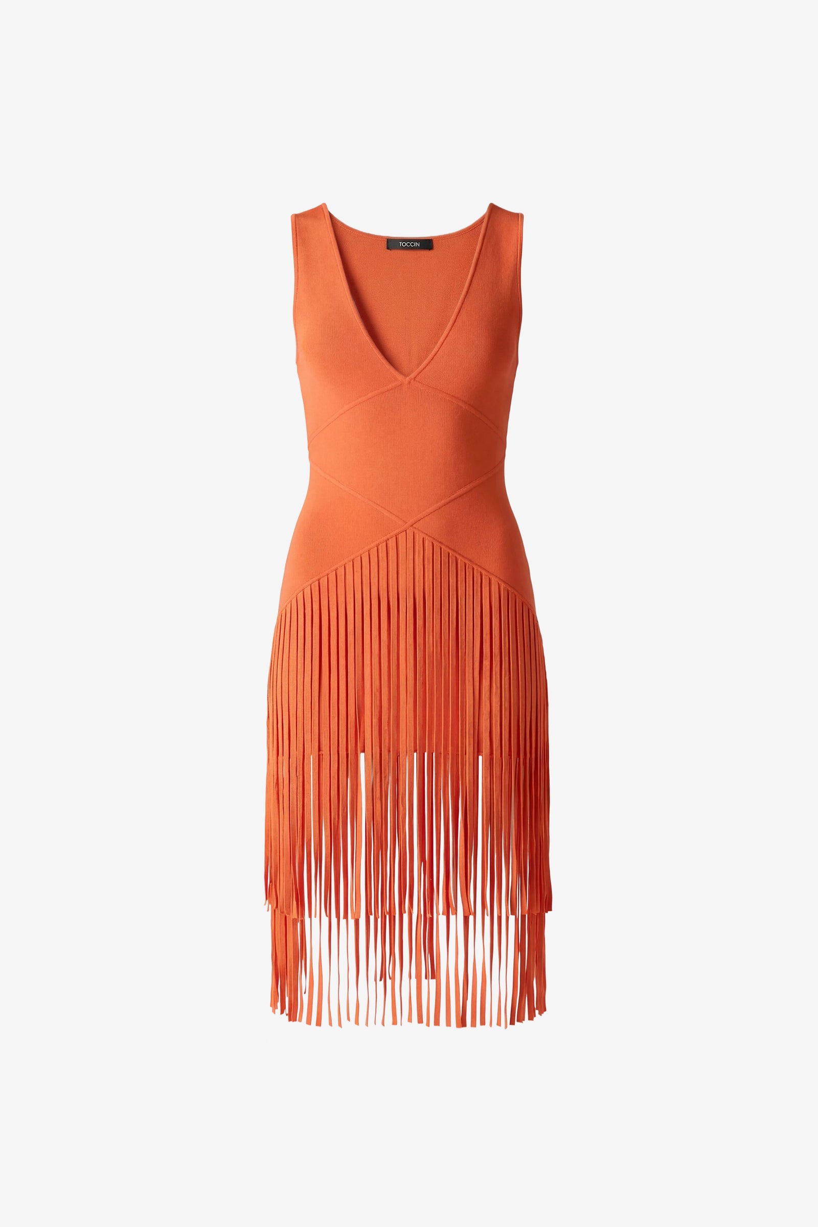 PATRICIA V-NECK SEAMED MIDI DRESS WITH FRINGE - Toccin