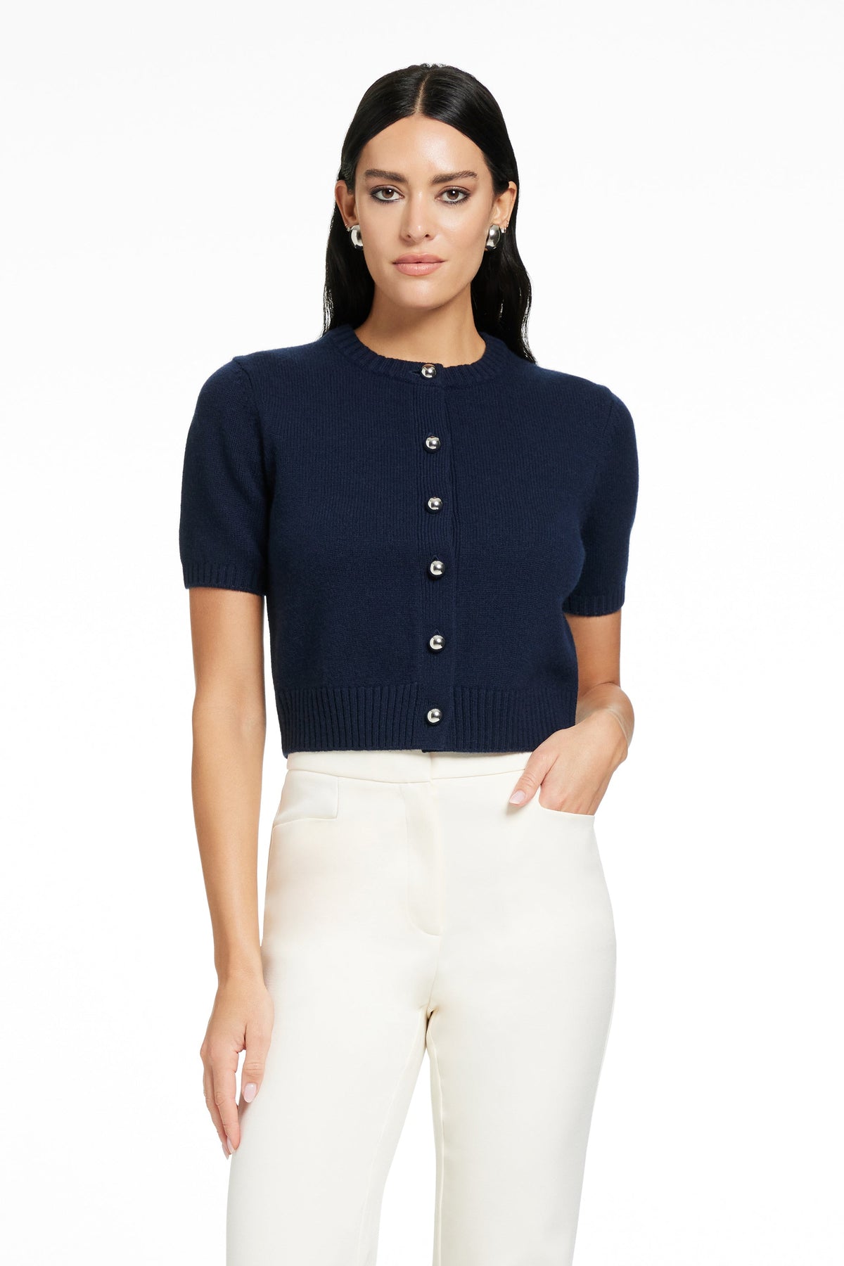 CASHMERE BLEND SHORT SLEEVE CROPPED SLIM FITTING CREWNECK CARDIGAN - Toccin