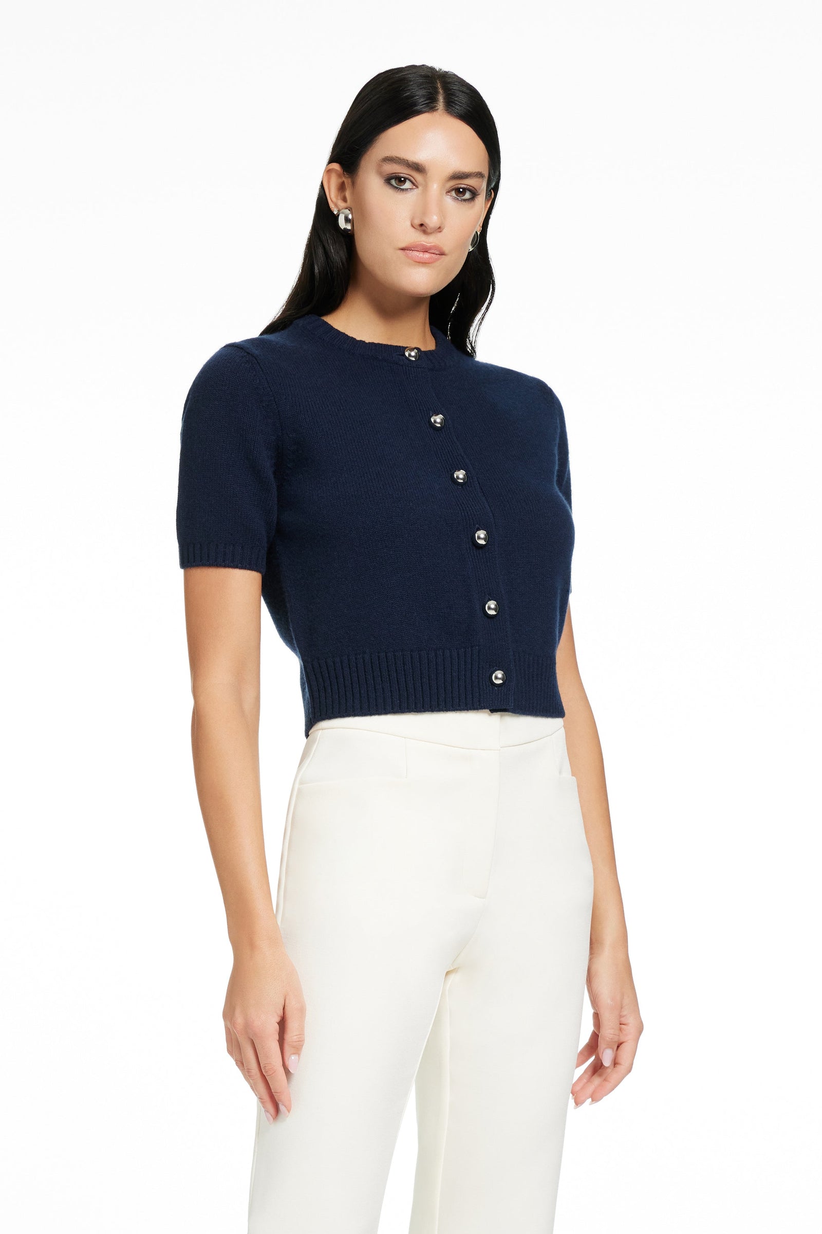 CASHMERE BLEND SHORT SLEEVE CROPPED SLIM FITTING CREWNECK CARDIGAN - Toccin