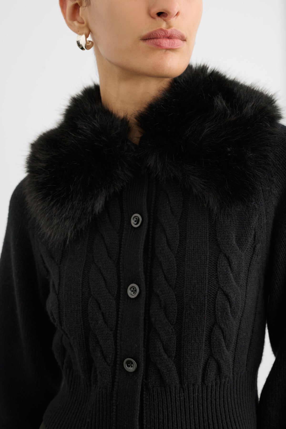 RITA CABLE KNIT CARDIGAN WITH FUR COLLAR