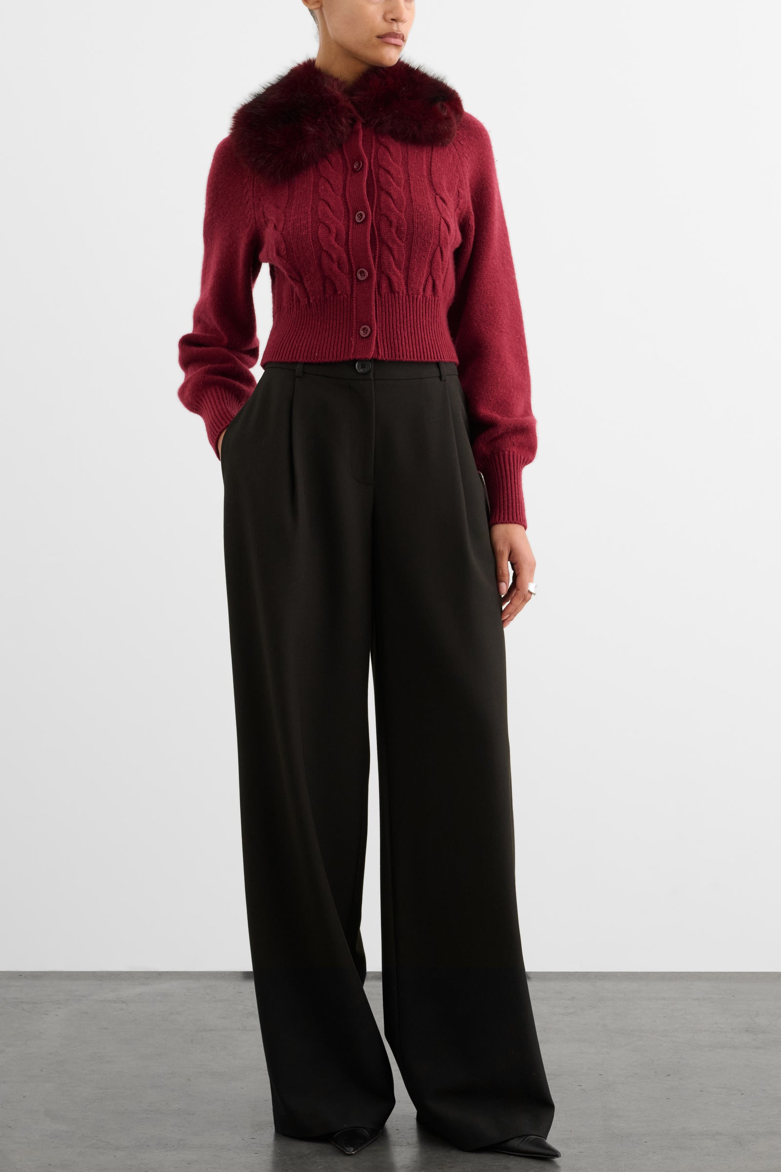 RITA CABLE KNIT CARDIGAN WITH FUR COLLAR