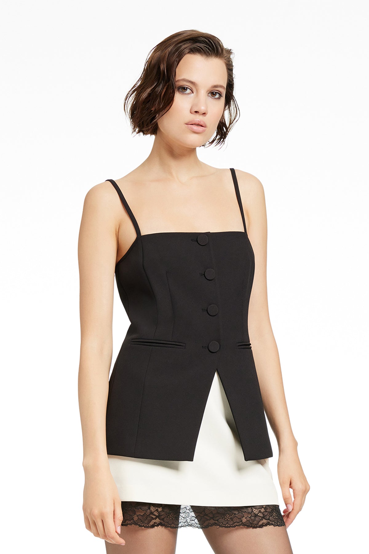 ROXY SQUARE NECK BUTTON-FRONT CUTAWAY VEST - Toccin