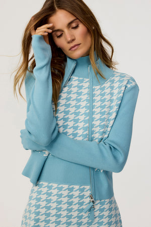 Reece Zip-Front Cropped Houndstooth Cardigan