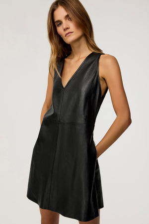 Malia V-Neck Vegan Leather Mini Shift Dress