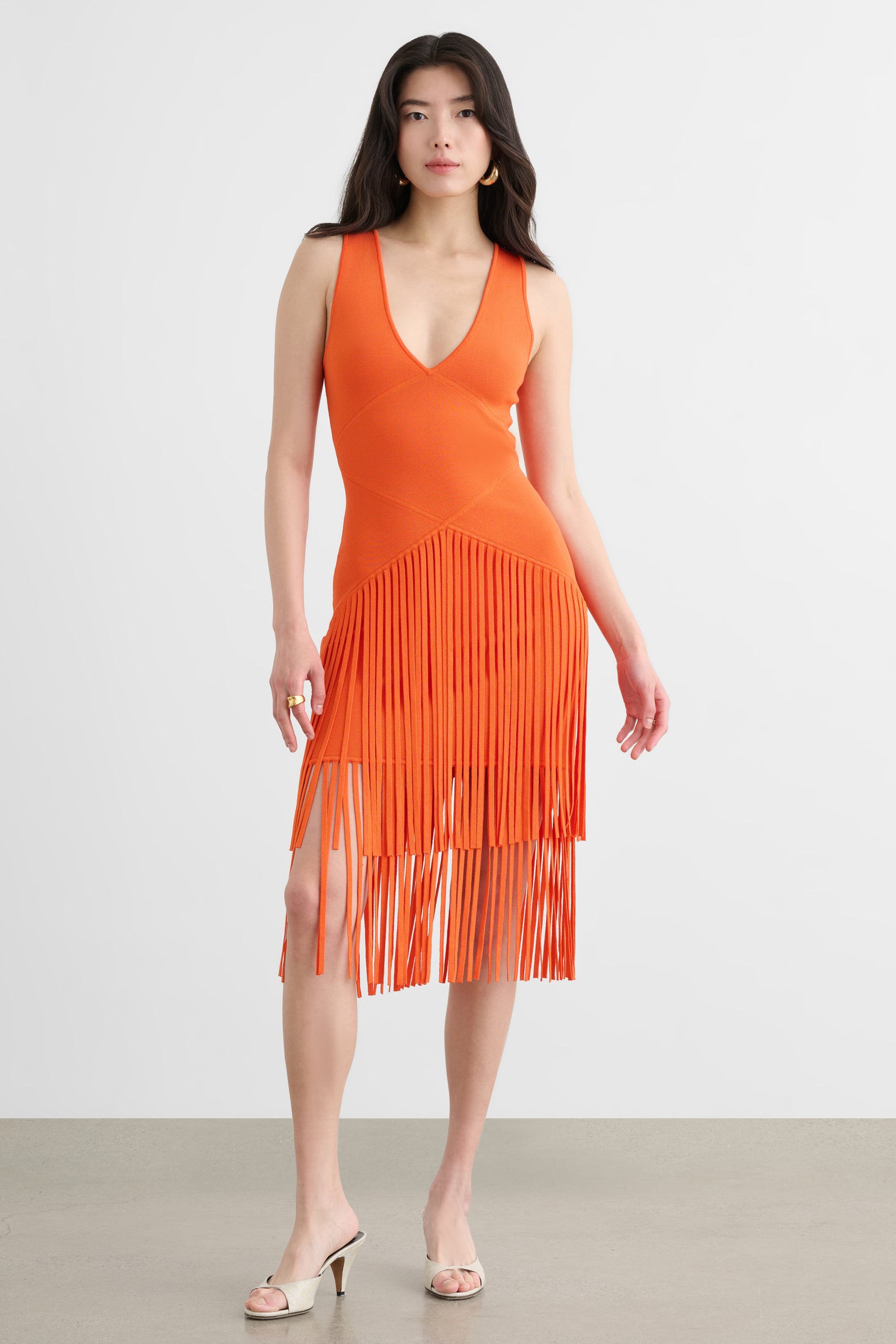 PATRICIA V-NECK SEAMED MIDI DRESS WITH FRINGE - Toccin