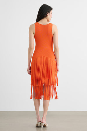 PATRICIA V-NECK SEAMED MIDI DRESS WITH FRINGE - Toccin