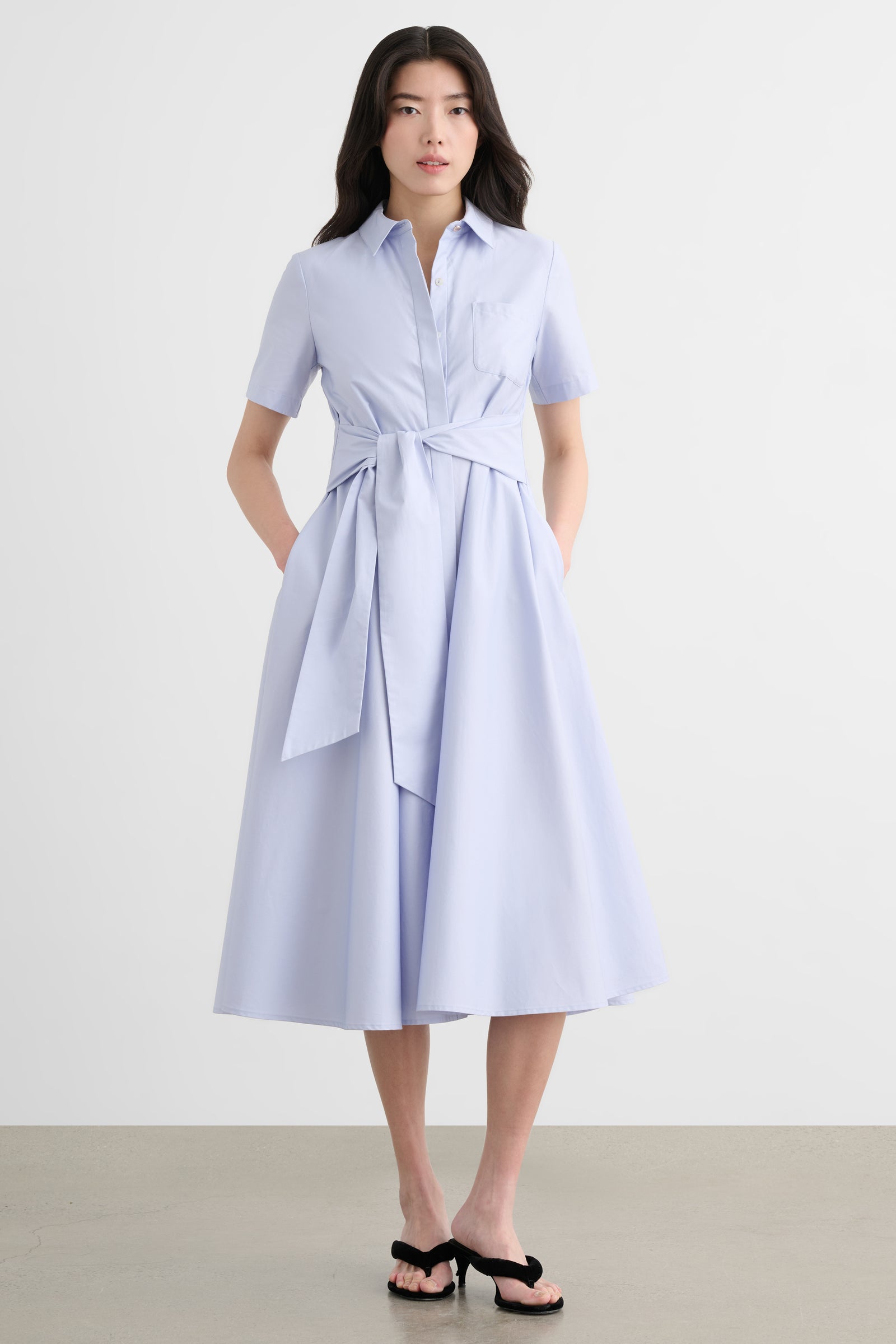 MEGAN SHORT SLEEVE TIE- FRONT MIDI SHIRT DRESS - POS - Toccin